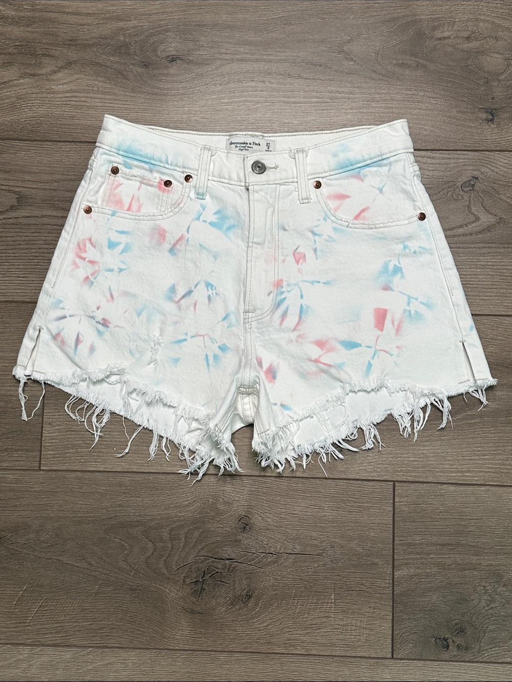 Abercrombie & Fitch The Cutoff High Rise White Tie Dye Frayed Jean Shorts 27